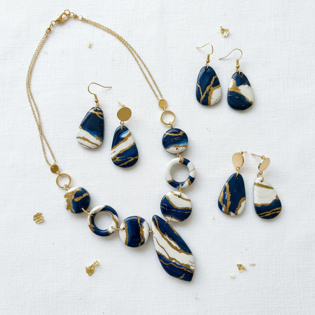 Joyería arcilla polimérica Mármol azul y dorado